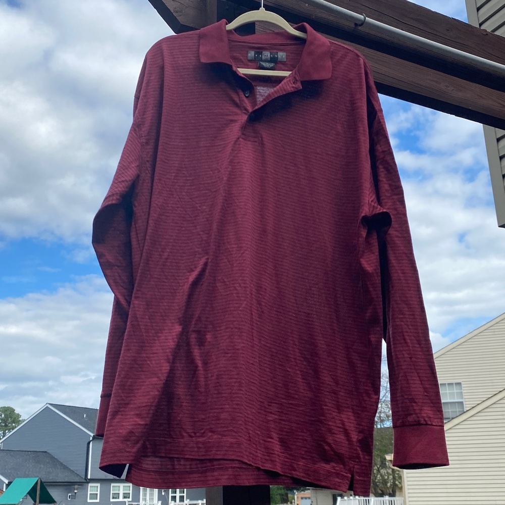 Nike Golf Long Sleeve Polo Shirt Striped Maroon Cotton Casual Top Mens